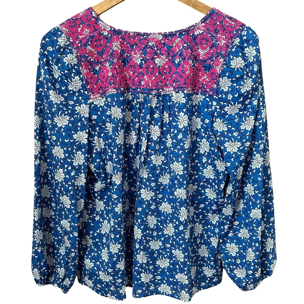 J. Crew Blue/White Cotton Voile Peasant Top with Pink Cross Stitch Embroidery